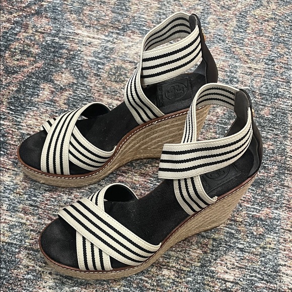 Tory Burch Frieda 100 MM Espadrille 
Black and Cream Striped Wedges - Picture 3 of 5